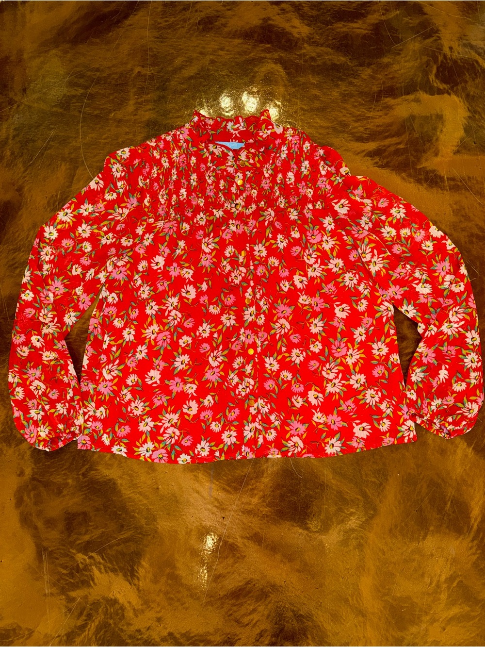 Draper James RSVP Red Floral Long-Sleeve Ruffle-Neck Blouse